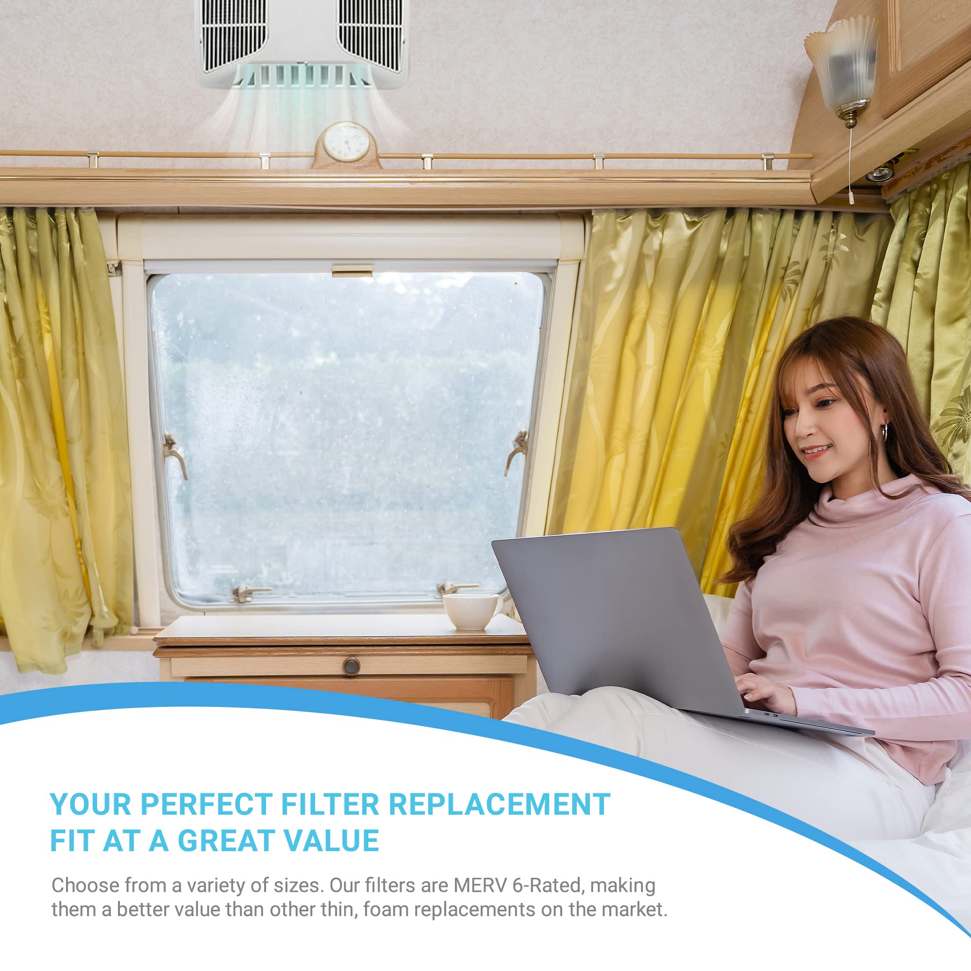 RV Air AC filter installed in an RV ducted grill for quieter nights.