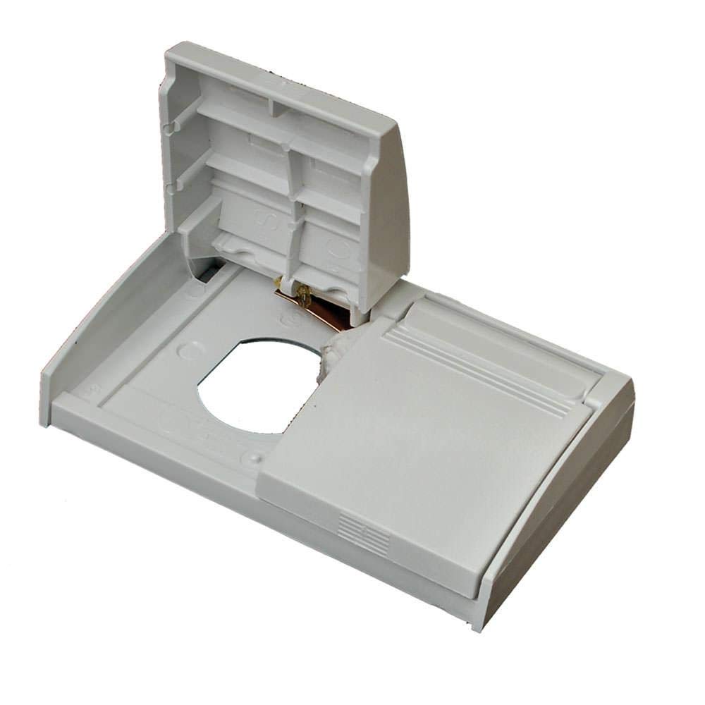 RV Designer E365 outlet plate installed on an RV exterior for secure electrical access