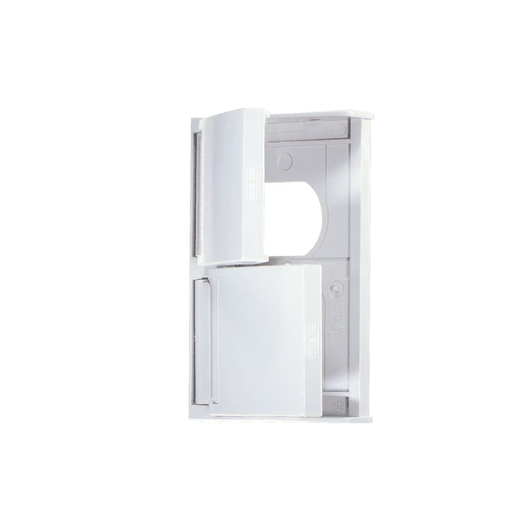 RV Designer E365 snap-cover outlet plate in white protecting a dual outlet outdoors
