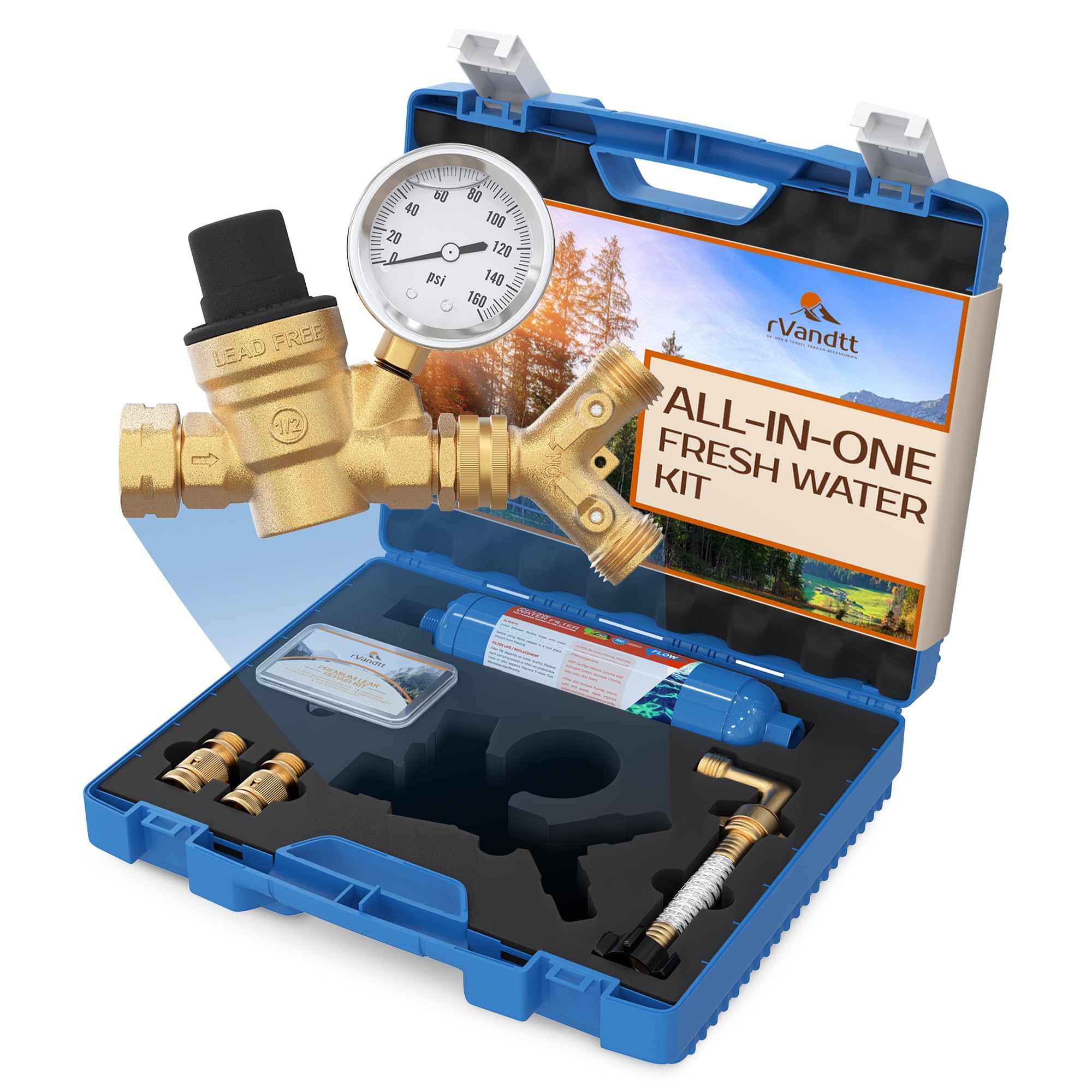 rVandtt RV Fresh Water Kit, all-in-one assembly for easy campsite hookups.