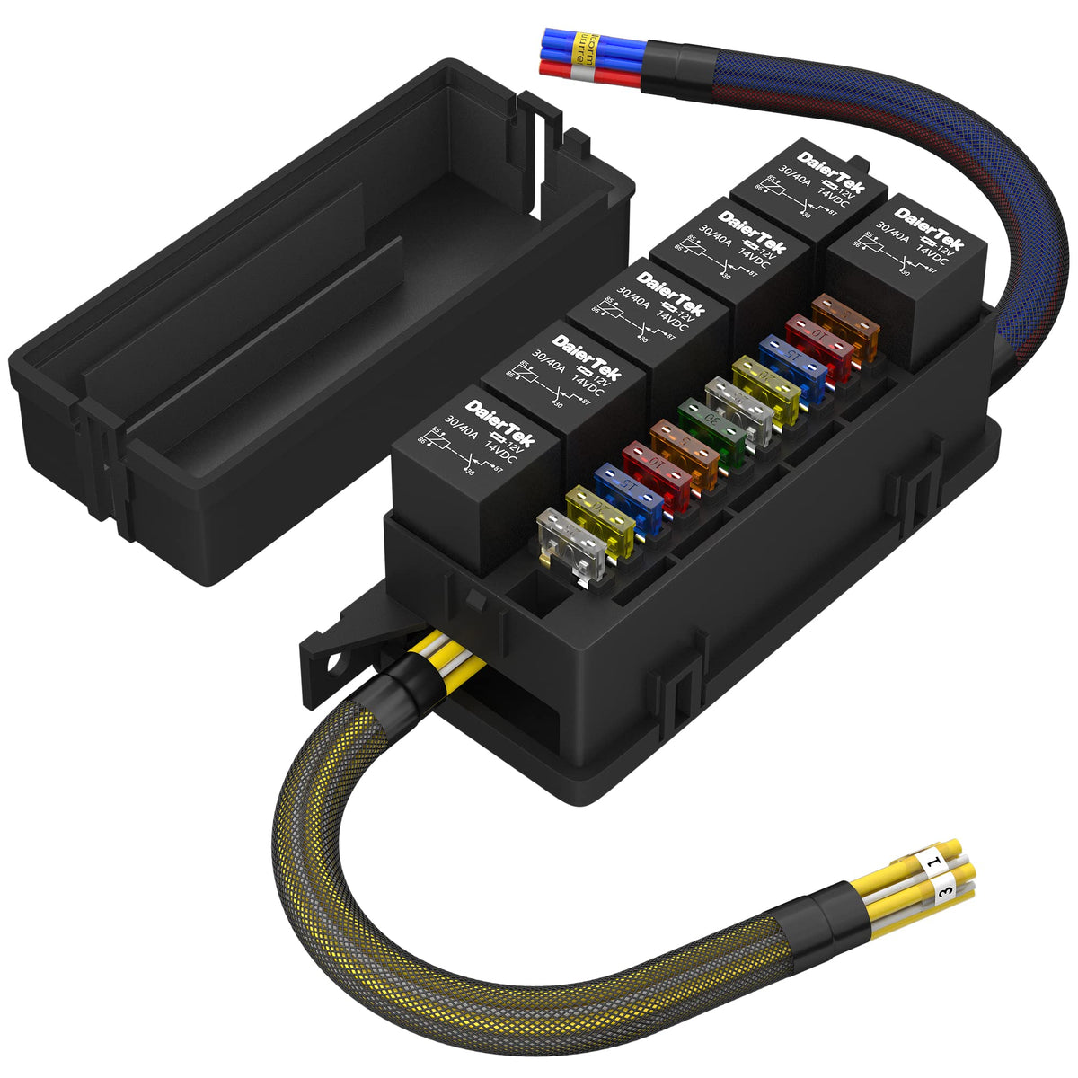 RVBOATPAT 12V fuse-relay box with six relays for organized circuits.