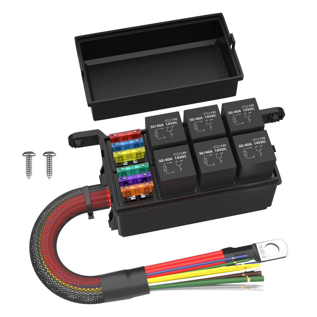 RVBOATPAT relay box front view with six relays for versatile automotive and marine wiring.