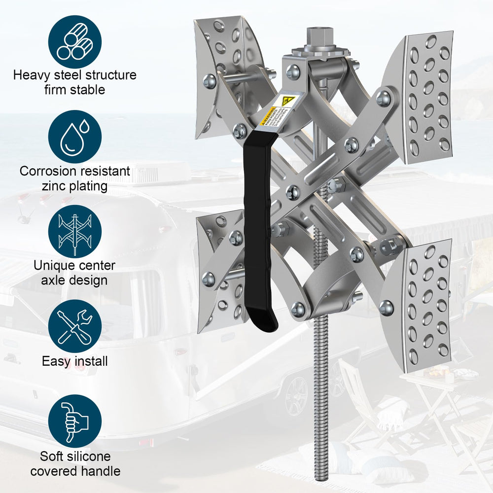Rvdeaa X-Chocks in use at campsite illustrating quick setup and reliable vehicle stability.