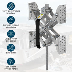 Rvdeaa X-Chocks in use at campsite illustrating quick setup and reliable vehicle stability.