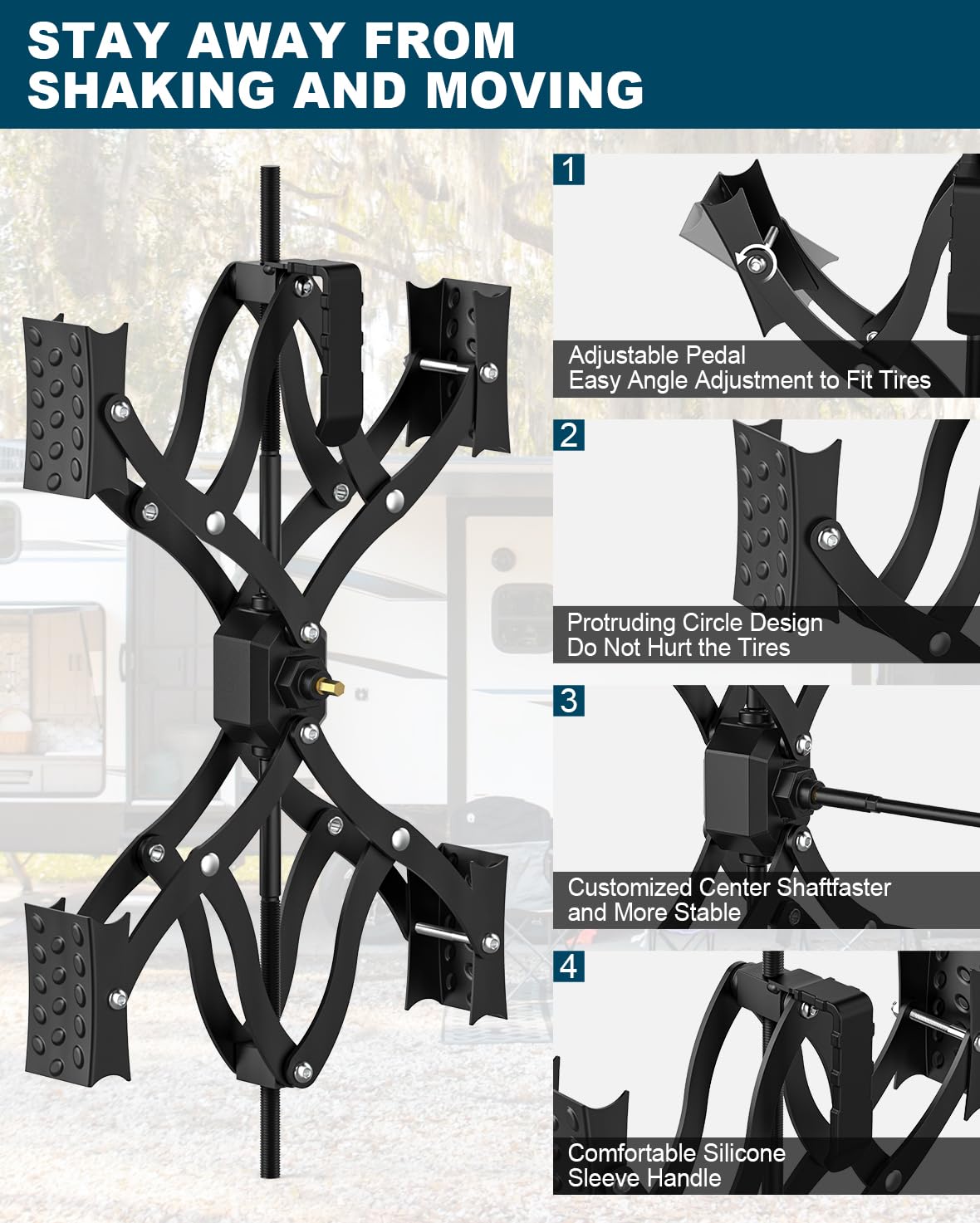 Rvdeaa travel trailer extended chock providing stable parking