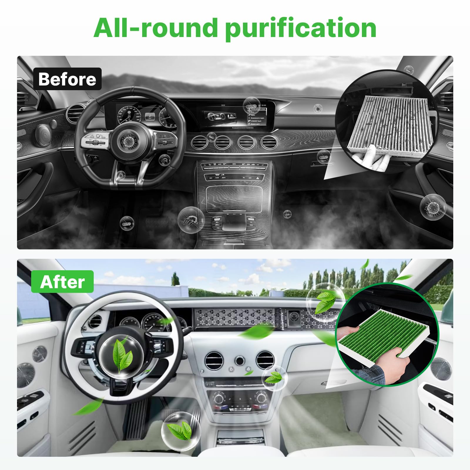 RVgolf cabin air filter set packaging highlights filtration materials.