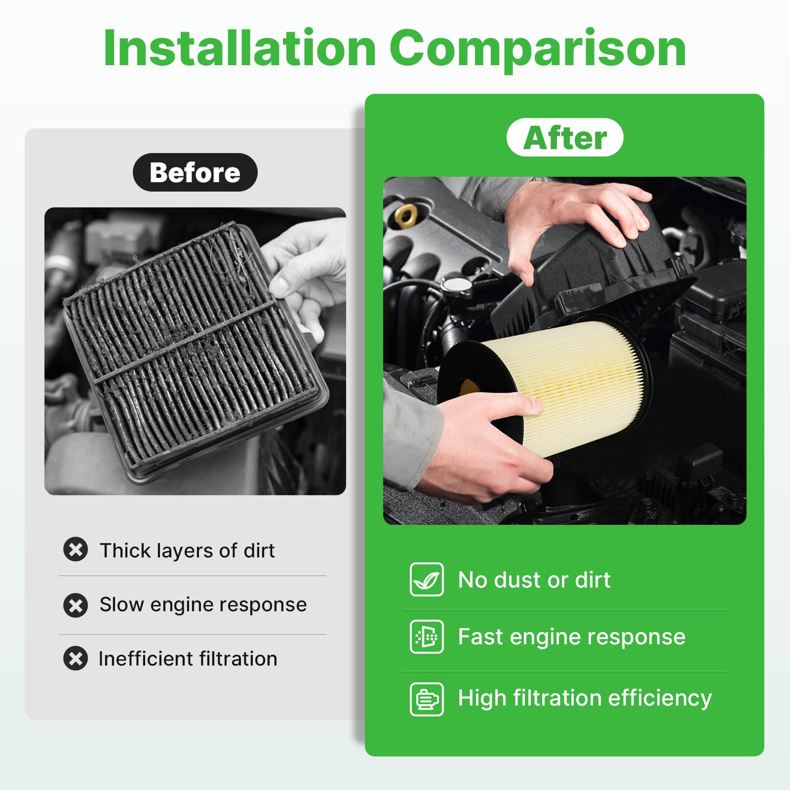 RVgolf engine air filter set being installed in a vehicle for quick replacement.