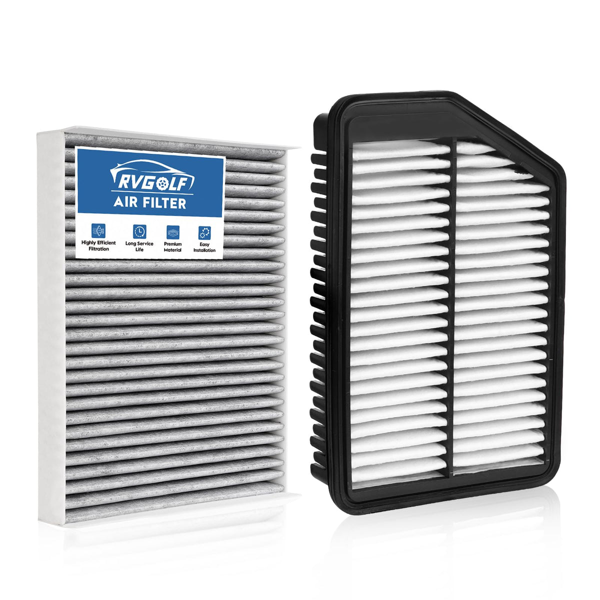 RVgolf engine and cabin filter set packaging shows compatibility for Elantra and Forte.