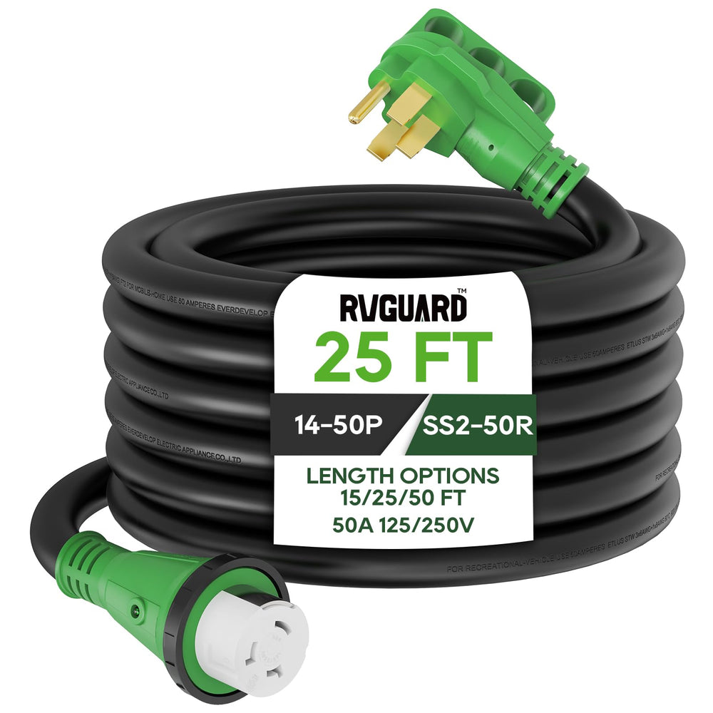 RVGUARD 50A RV power cord with 14-50P to SS2-50R for heavy use.