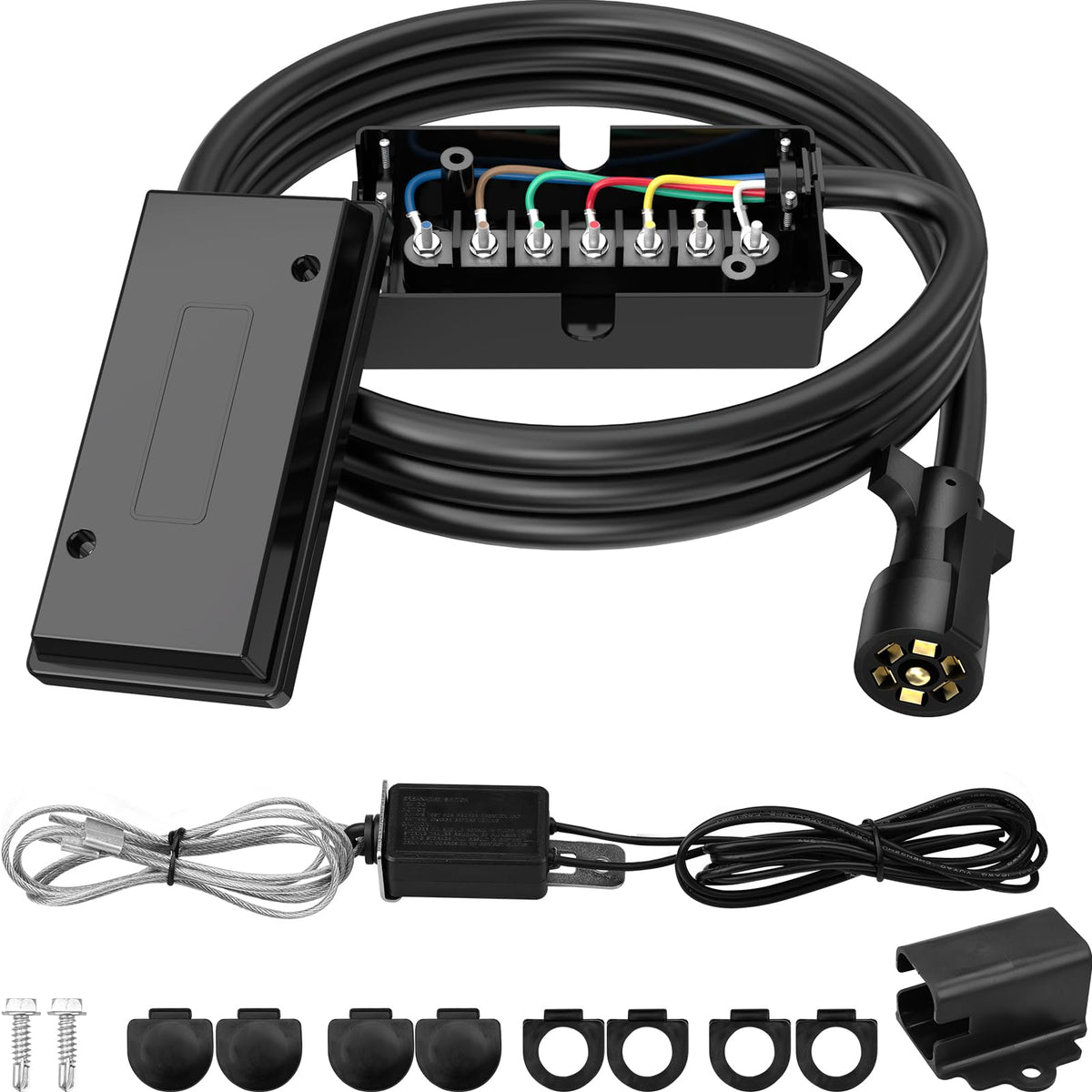 RVGUARD 7-way 8ft trailer cord with color-coded wires for quick wiring setup