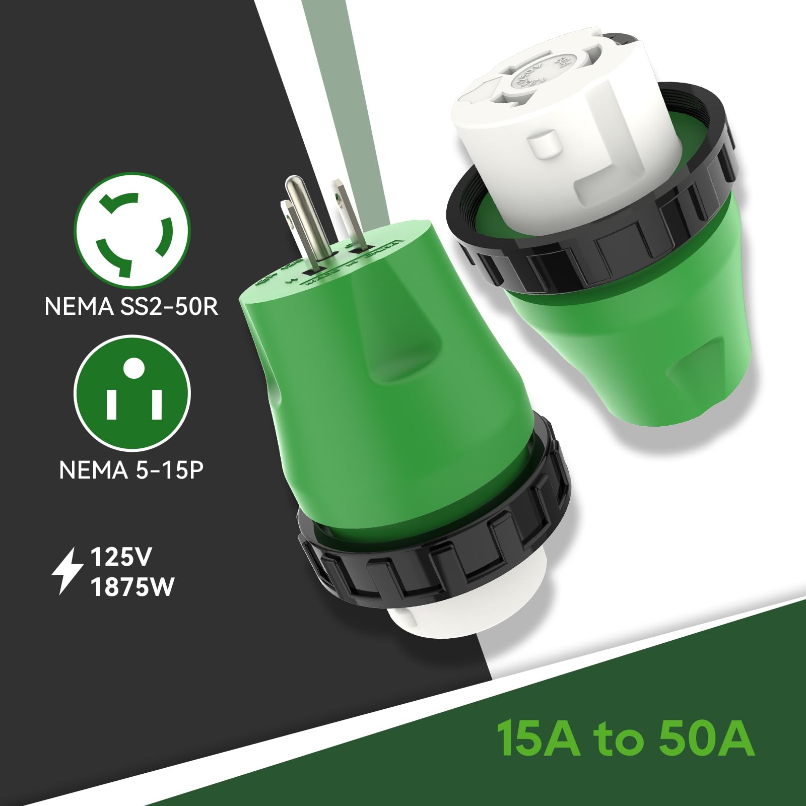 Green compact straight-style RV adapter saves space when stored