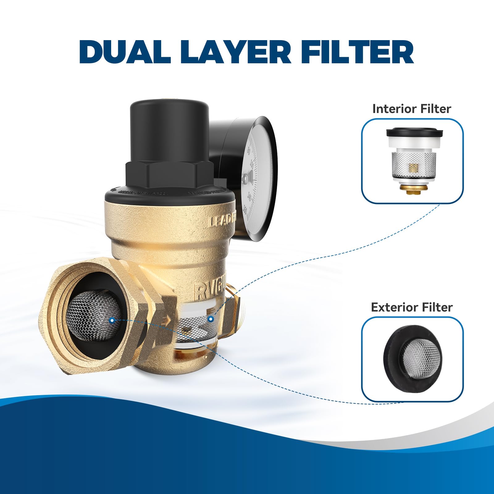 RVGUARD inlet screen filter capturing impurities before entering RV system.
