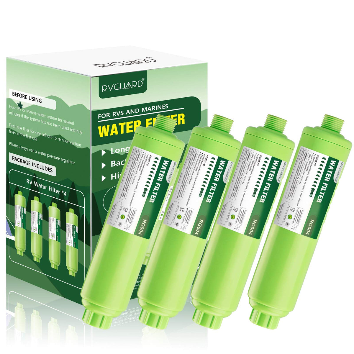 RVGUARD inline RV water filter four-pack ready for travel hydration.