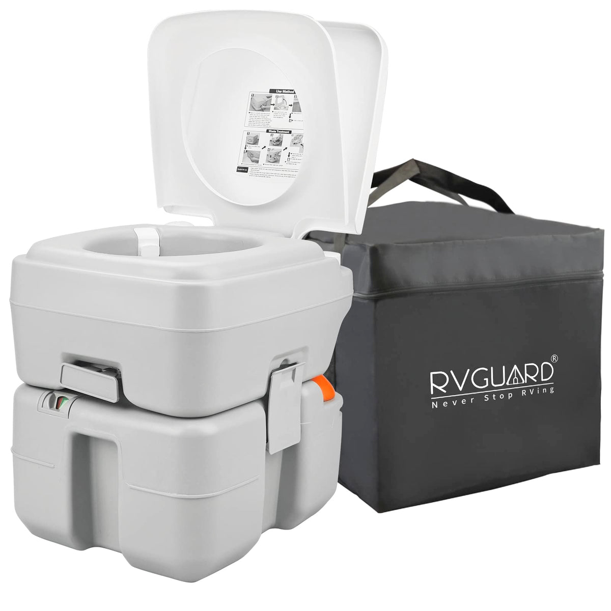 RVGUARD portable toilet front view for compact camping setup