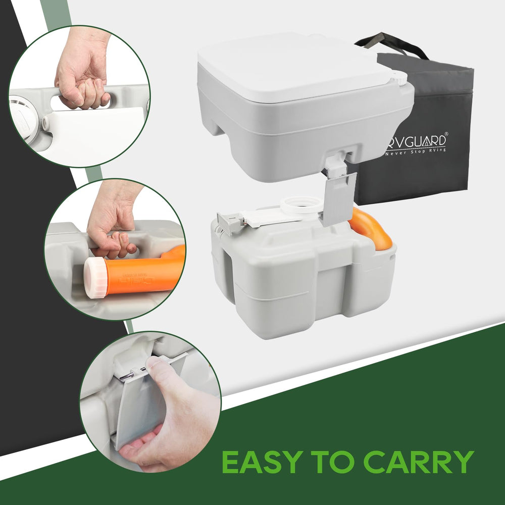 RVGUARD portable toilet side-tank-latch demonstrates easy separation for transport