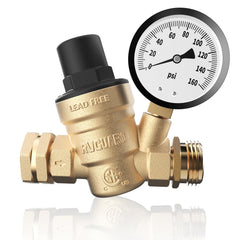 RVGUARD water pressure regulator valve shown in a side view for safe RV plumbing.
