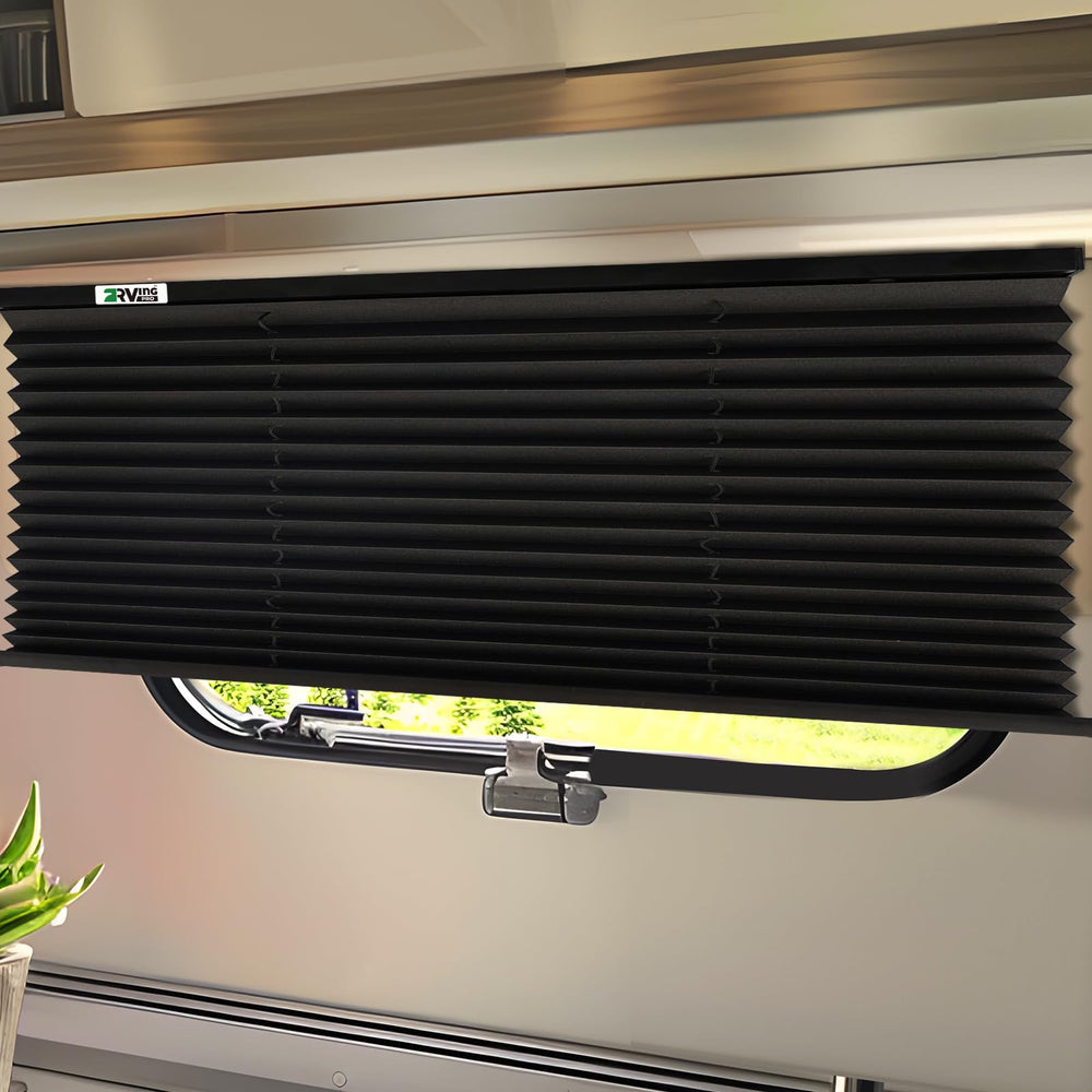 RVINGPRO RV blinds in black front view; blocks light and enhances privacy.
