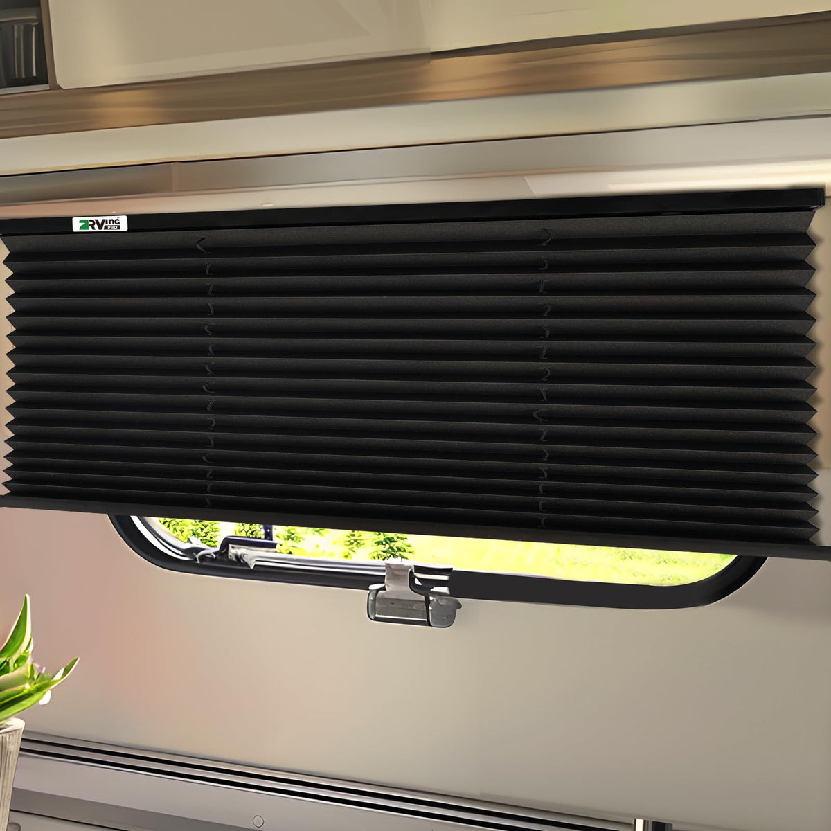 RVINGPRO RV blinds in black front view; blocks light and enhances privacy.