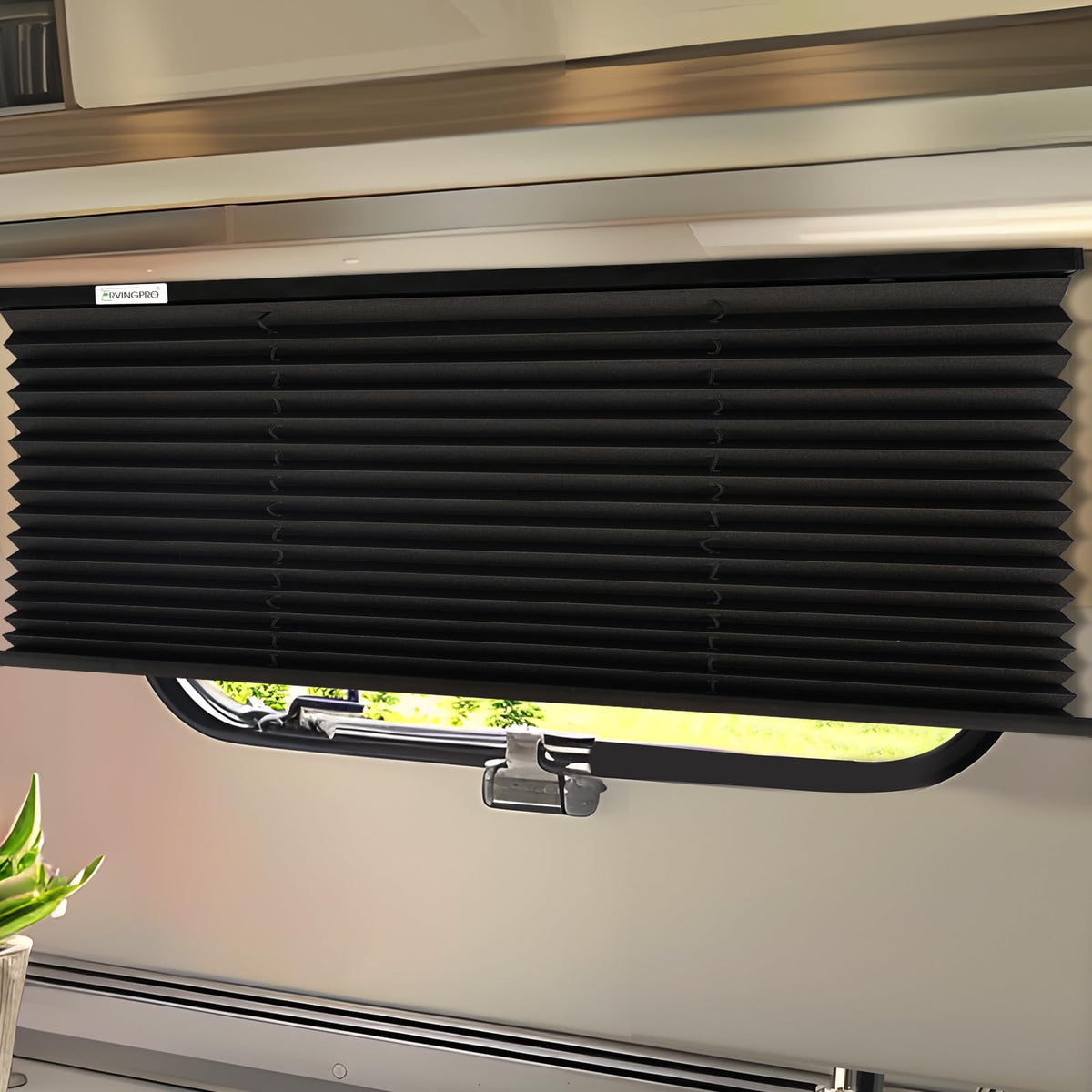 RVINGPRO blinds on a camper window providing privacy and shade
