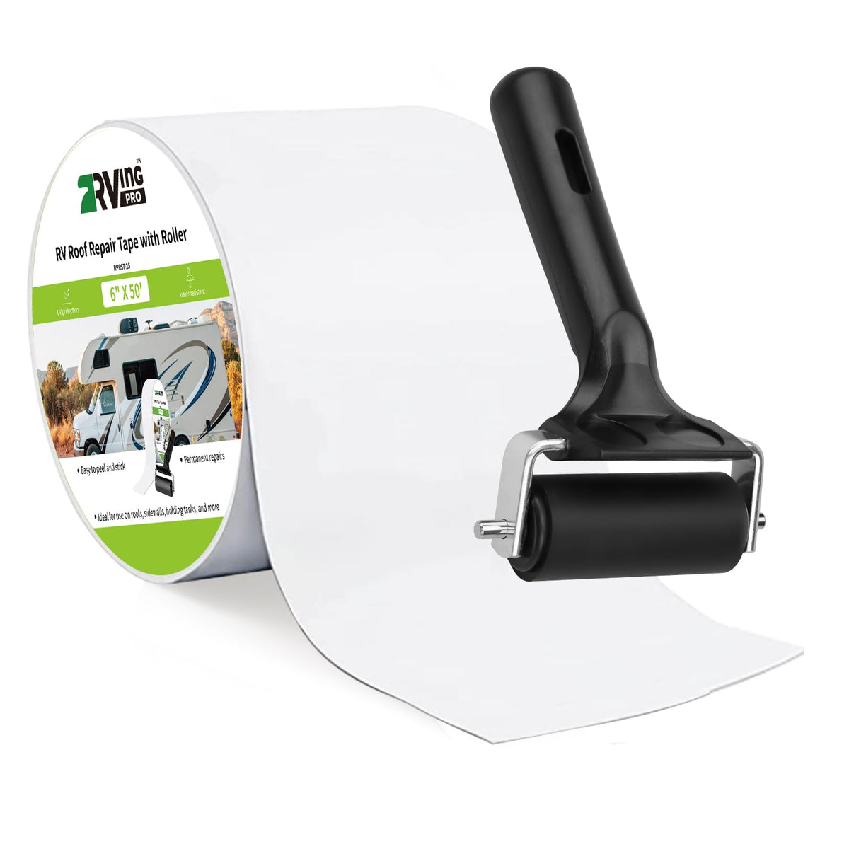 RVINGPRO RV roof tape roll showing wide 6-inch width for large repairs on an RV roof
