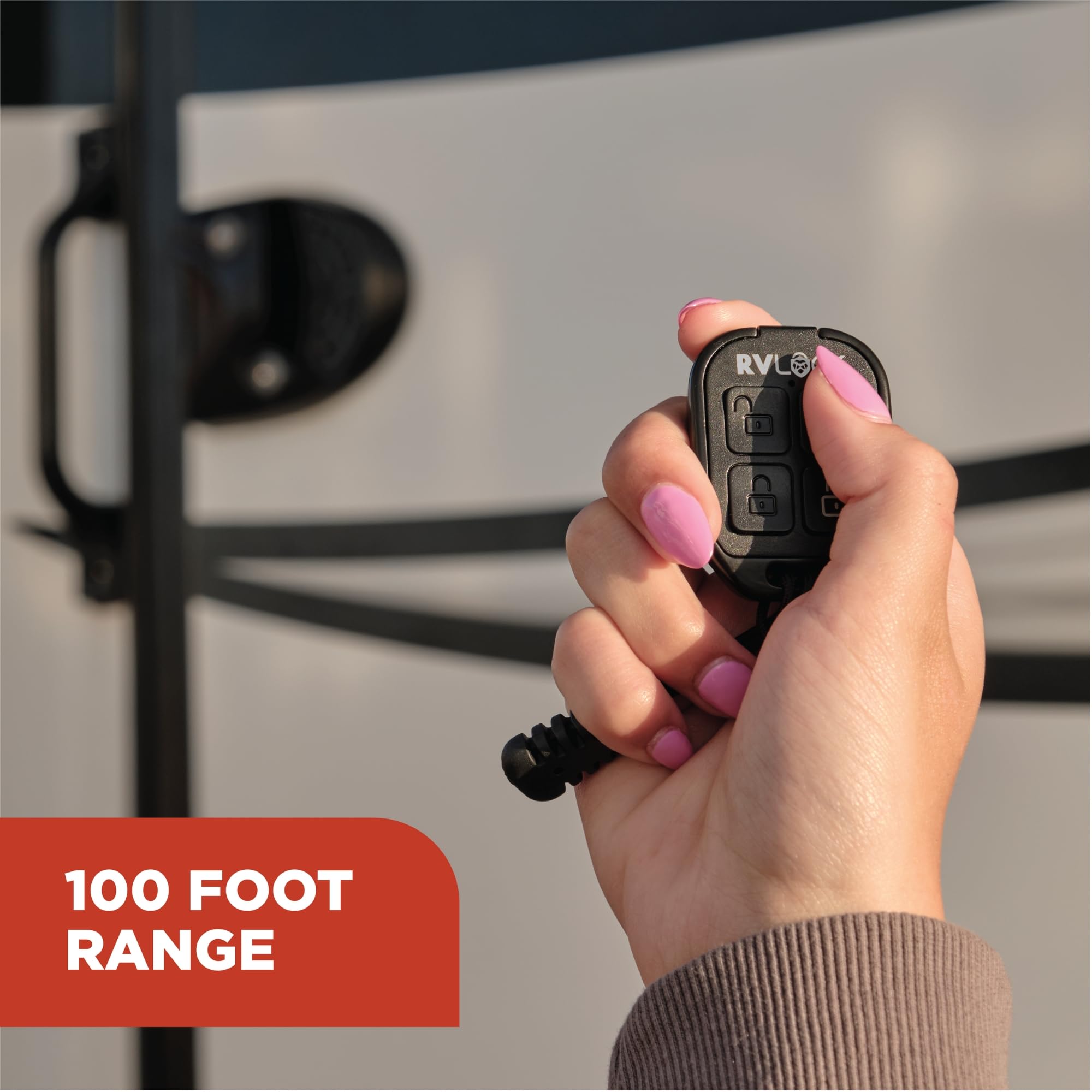 RVLock remote 4-button fob with clearly labeled buttons for quick operation
