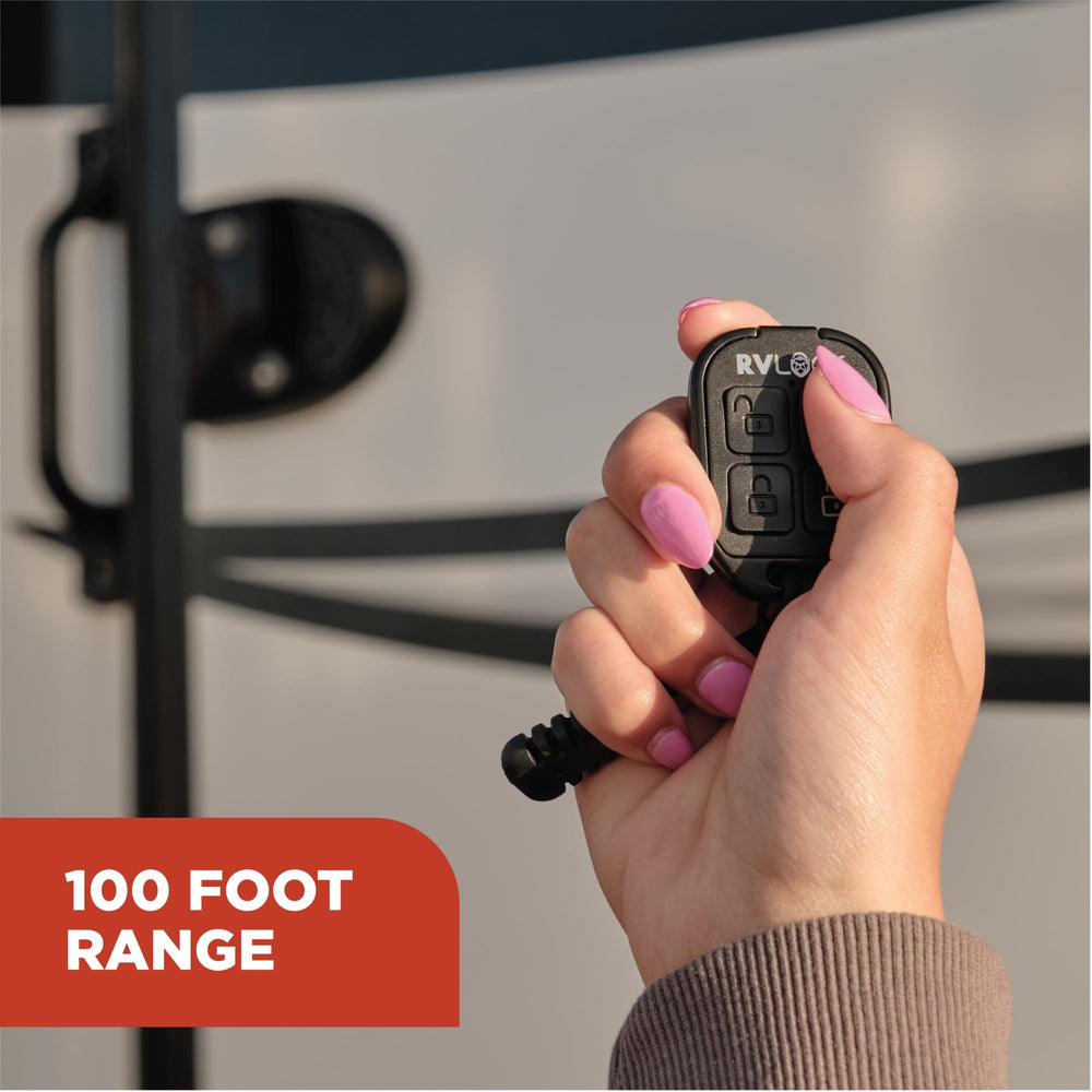 RVLock remote 4-button fob with clearly labeled buttons for quick operation