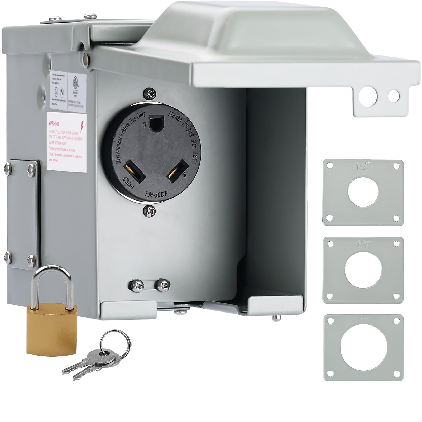 RVMATE 30A RV outlet box front view with TT-30R receptacle for outdoor use.