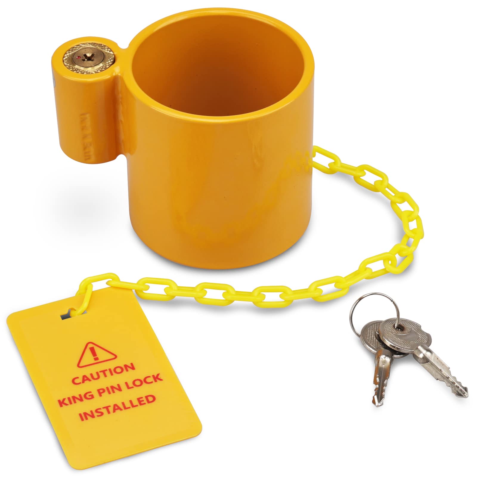 RVMATE 5th wheel lock with yellow warning tag deters theft and improves trailer security