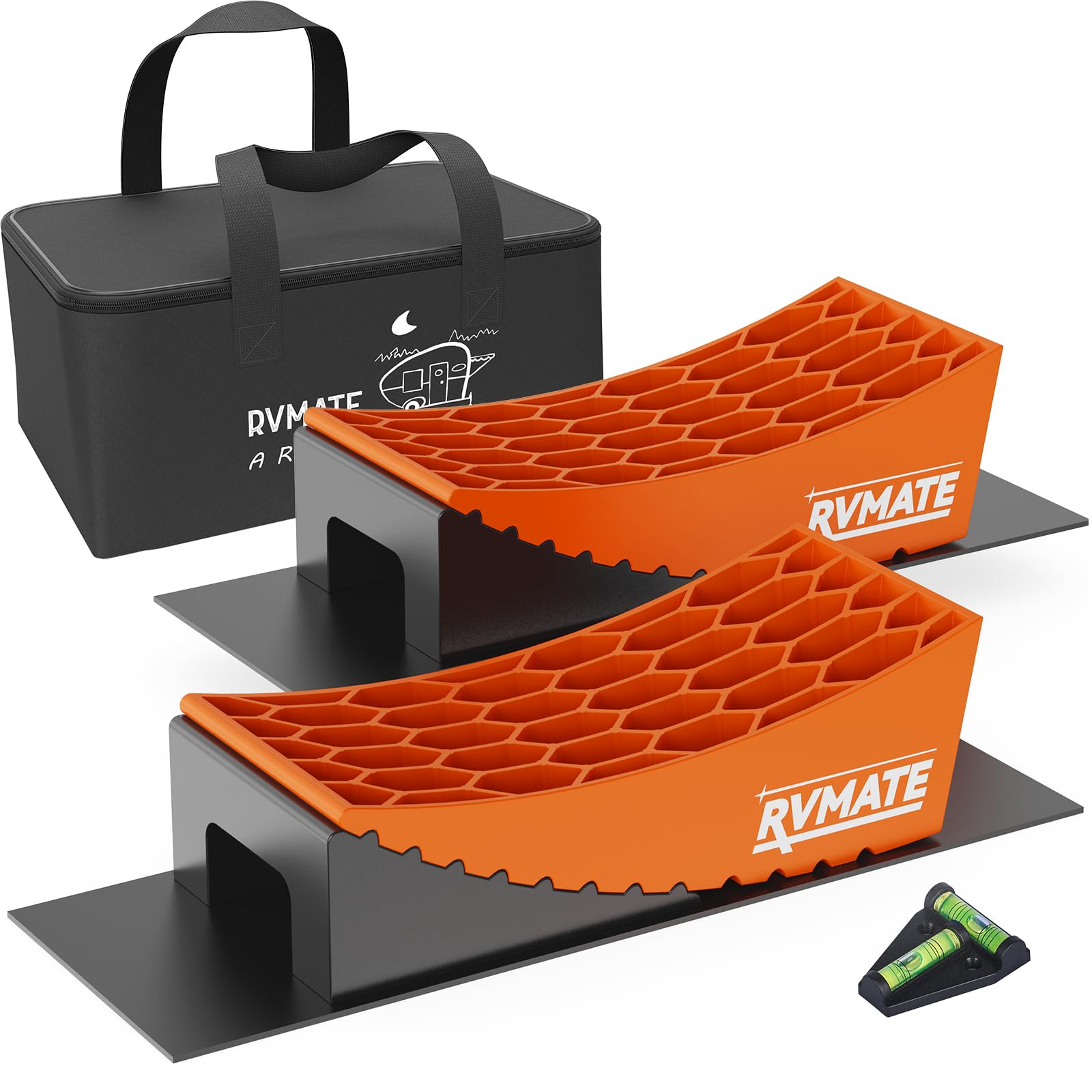 RVMATE curved levelers pair for precise RV height adjustment.