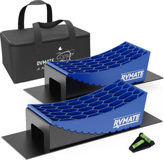 RVMATE curved levelers show stable height adjustment for leveling on uneven ground.