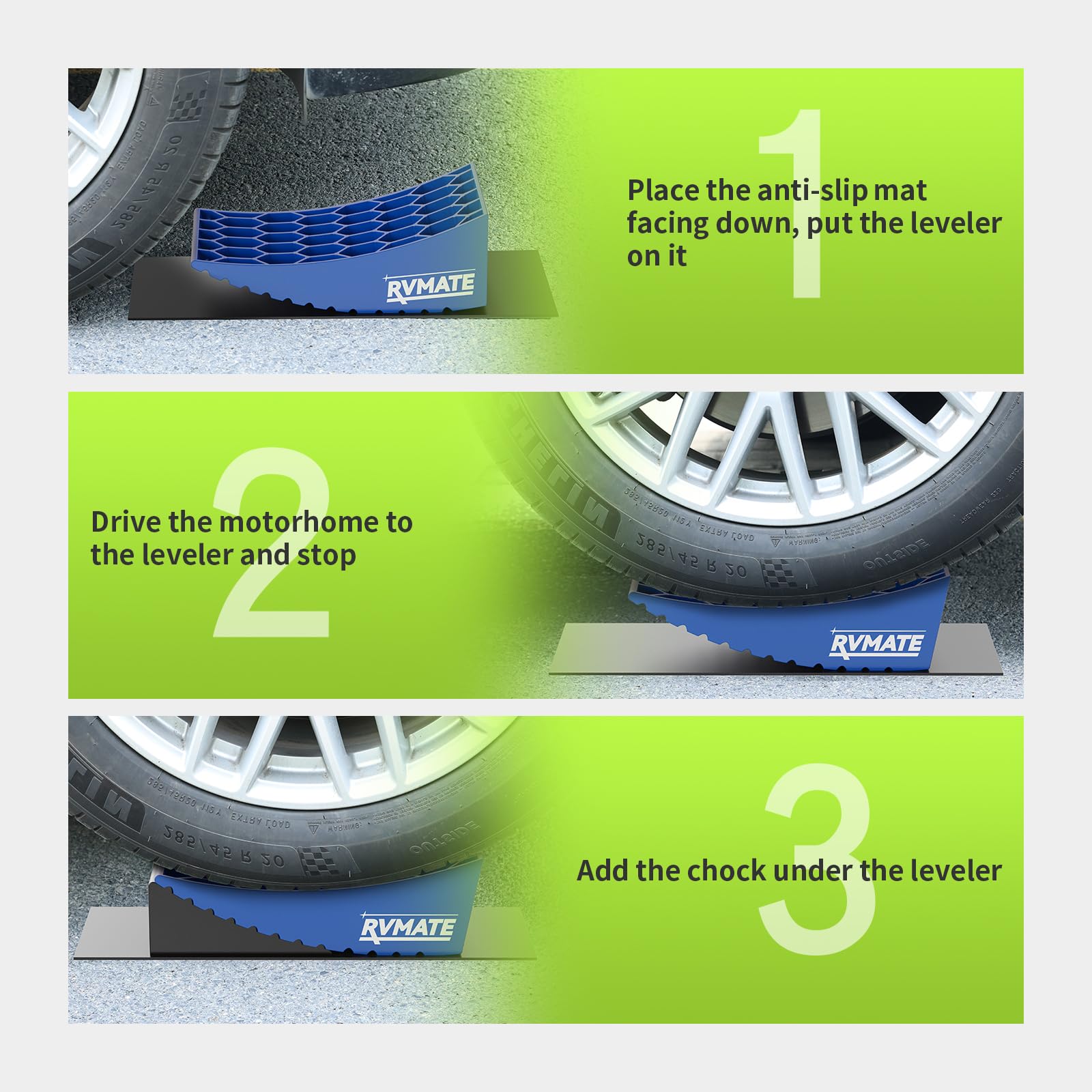 RVMATE rubber grip mats prevent slipping between levelers and ground.