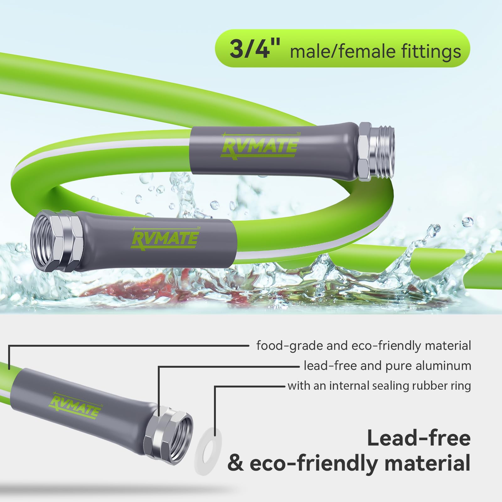 RVMATE drinking-water-safe hose with 3-4 inch fittings for RV hookups
