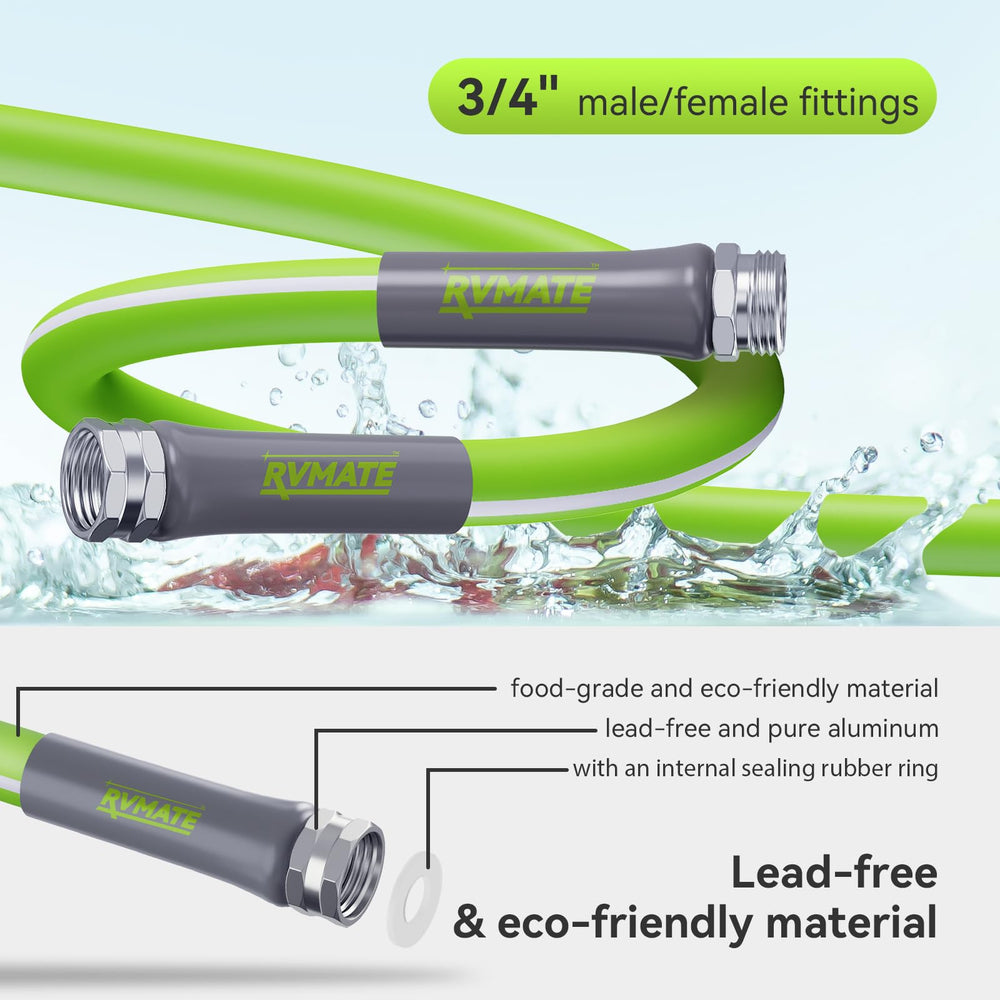 RVMATE drinking-water-safe hose with 3-4 inch fittings for RV hookups
