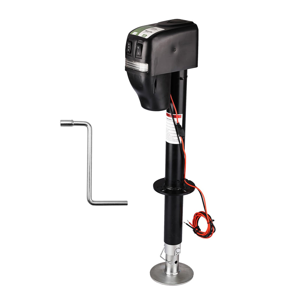 RVMATE electric A-frame trailer jack lifting a trailer for easy leveling and parking