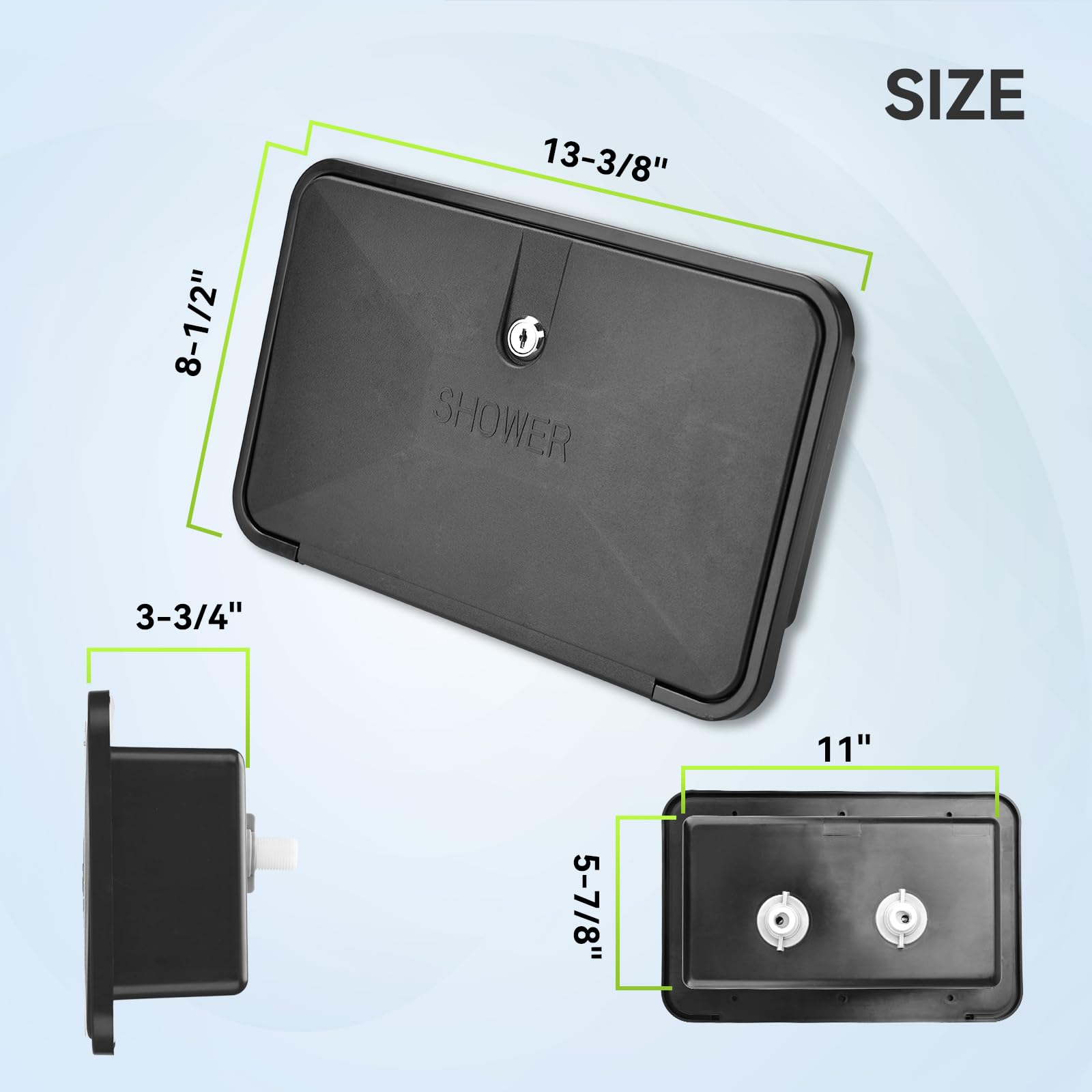 RVMATE exterior shower box dimensions (13.38 x 8.5 in) for planning