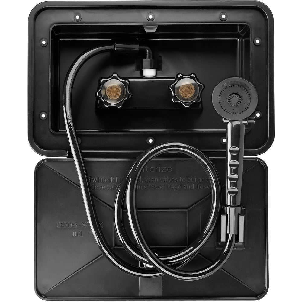RVMATE exterior shower box front view showing compact exterior mounting for RVs