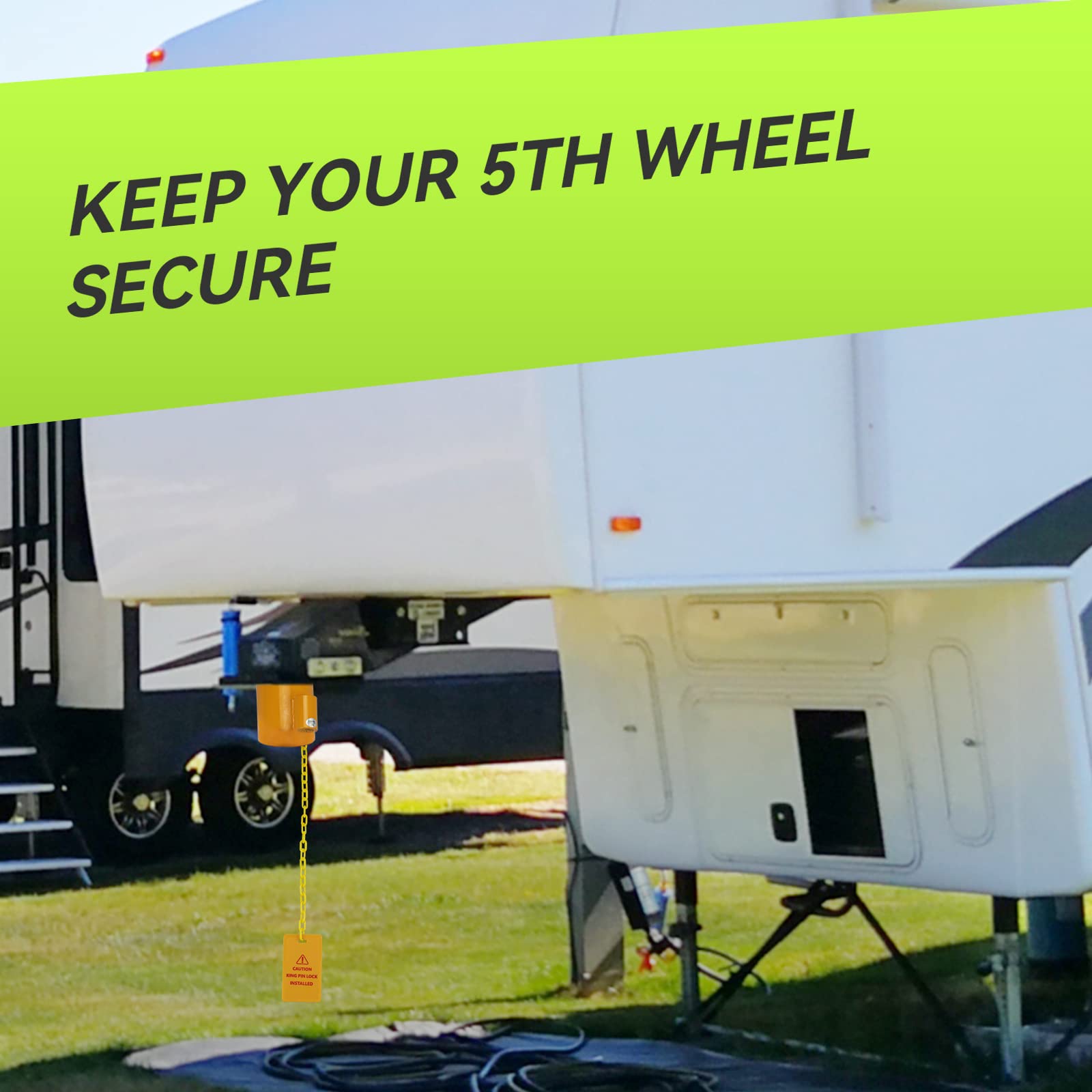 RVMATE king-pin lock installed on trailer hitch adds physical theft deterrence