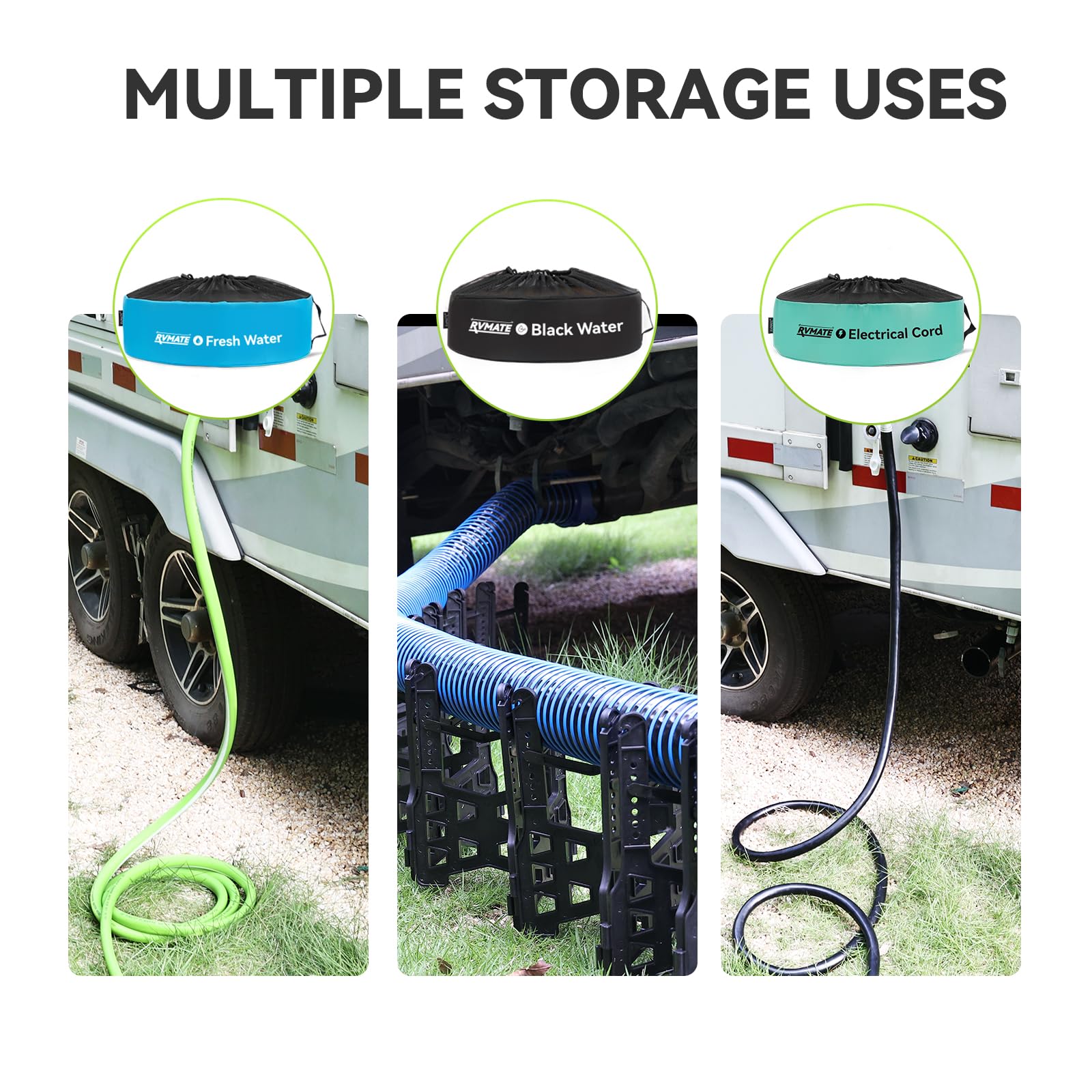 RVMATE RV hose bags green cord storage prevents tangles during travel.