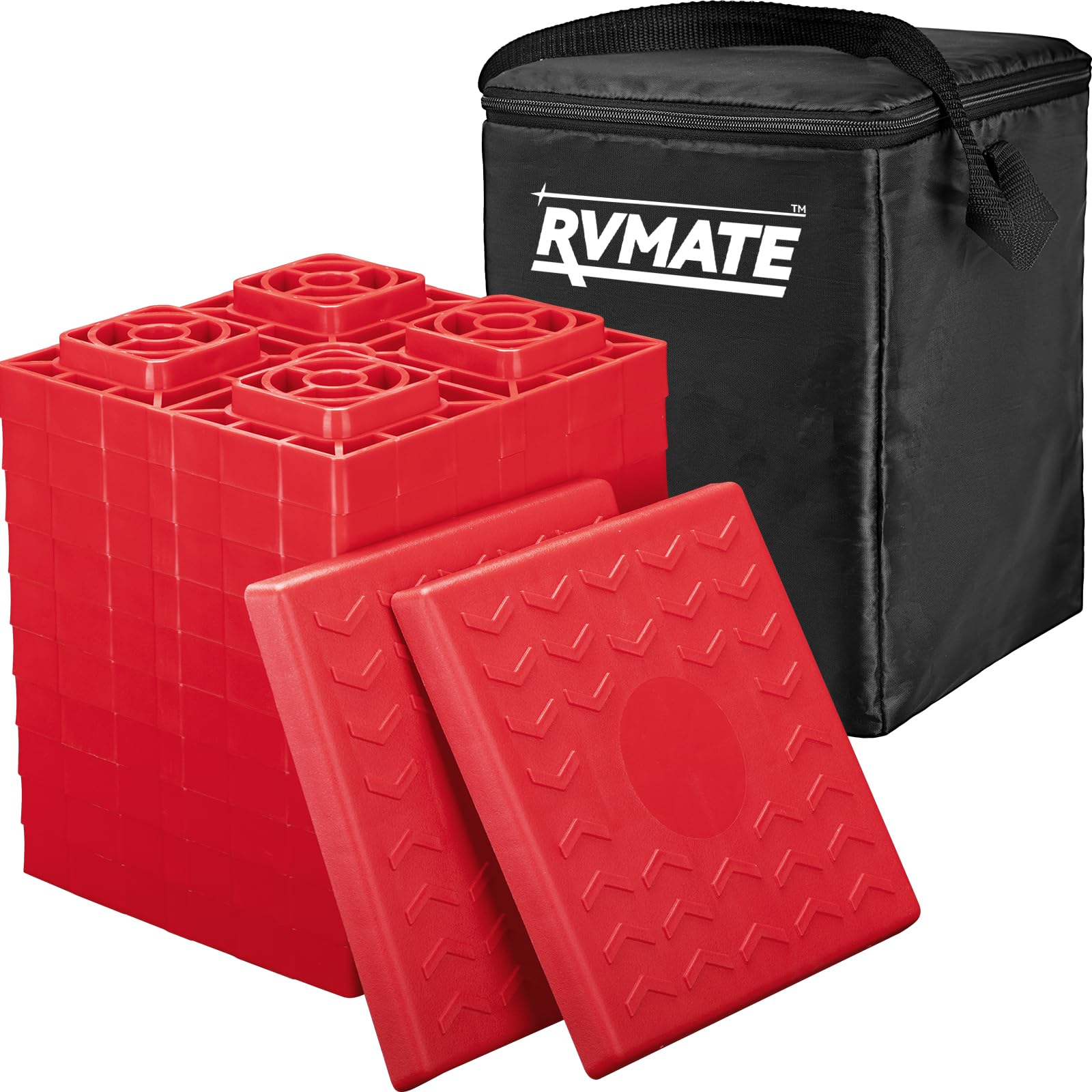 RVMATE RV leveling blocks stacked for adjustable height on uneven ground
