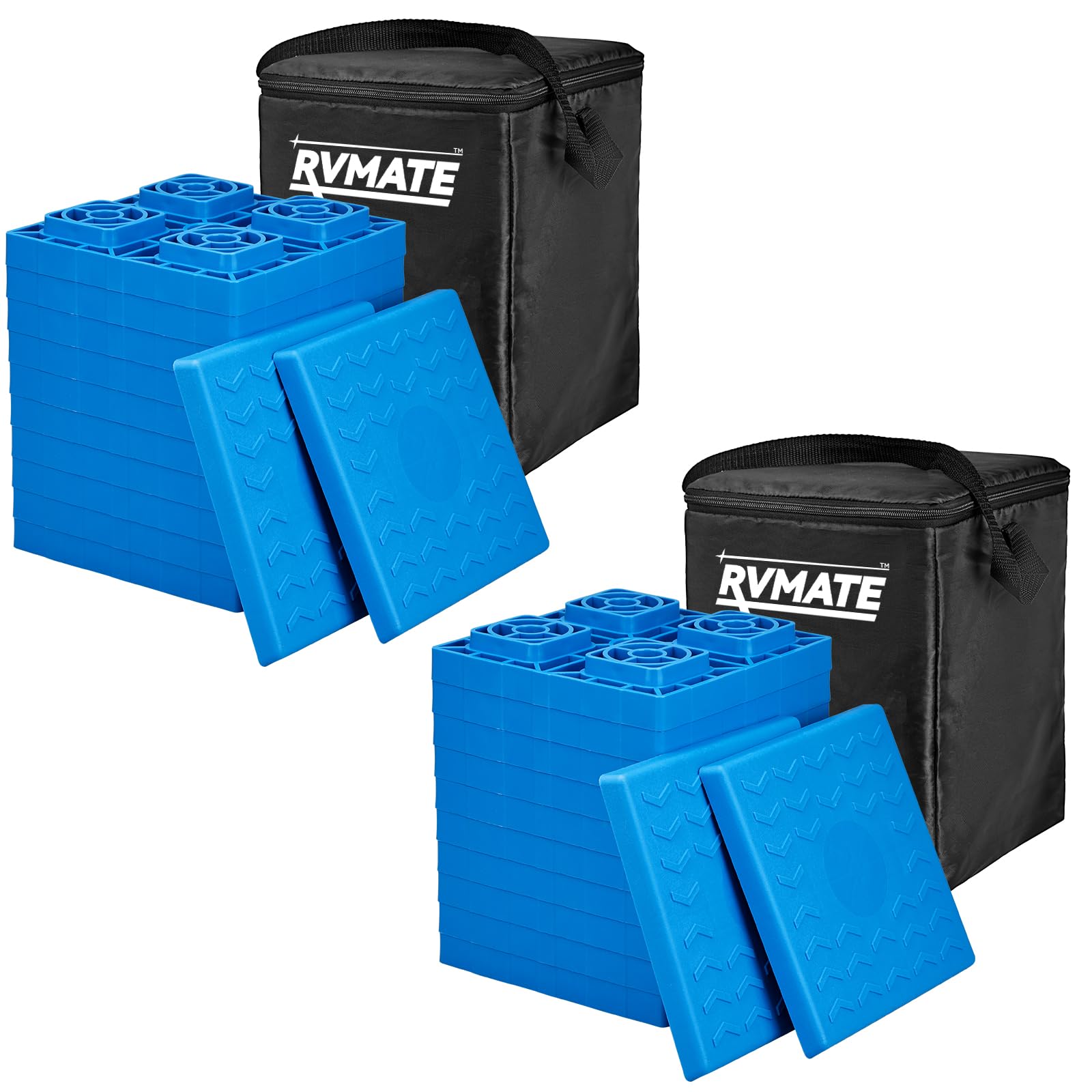 RVMATE RV leveling blocks setup demonstrates stable trailer on uneven ground.