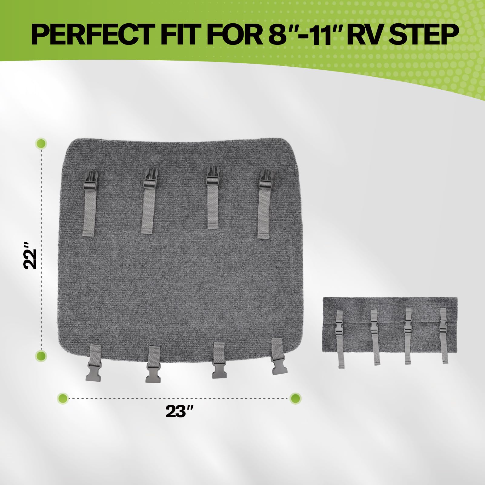 RVMATE RV step rug showing quick-release fit for easy setup.