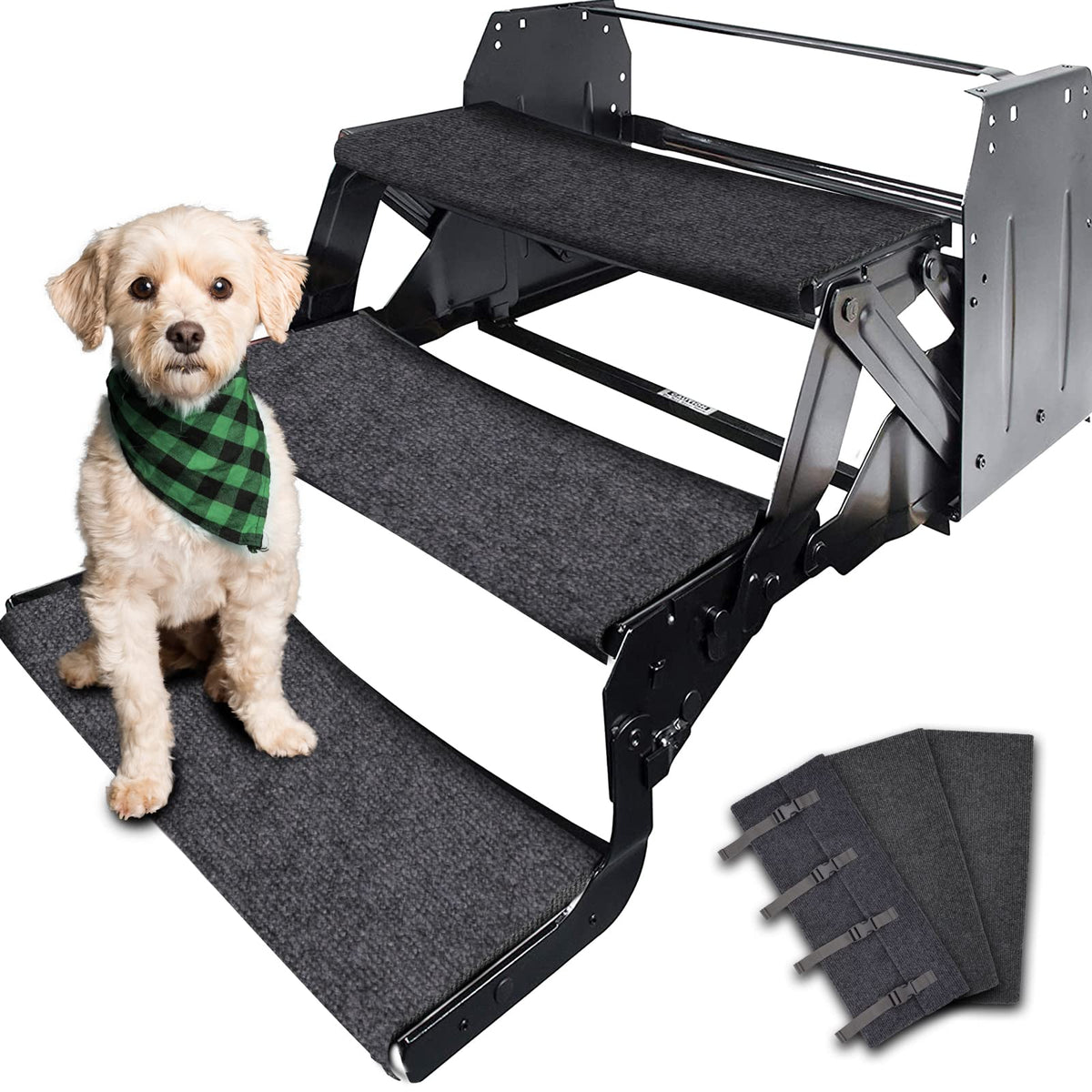 RVMATE RV step rug with snap fasteners for quick attachment on stairs.
