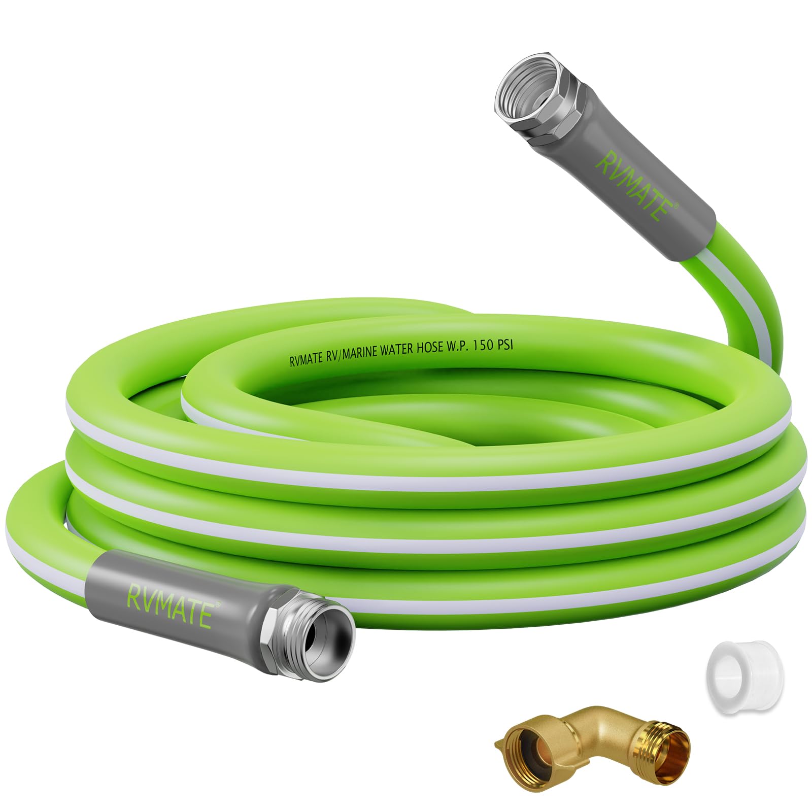 RVMATE RV water hose 15ft extended; flexible and safe for drinking water.