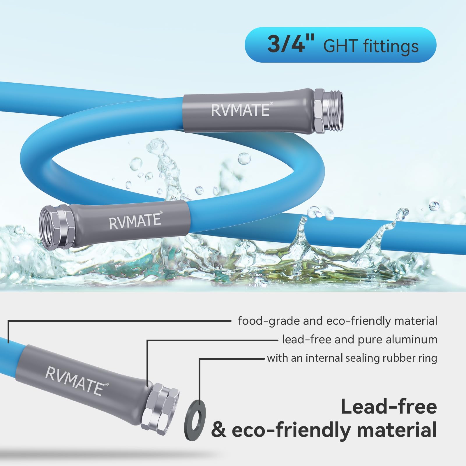 RVMATE drinking-water hose with lead-free connectors for durable, leak-free connections
