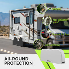 RVMATE waterproof UV-armor tire cover features 420D oxford fabric.