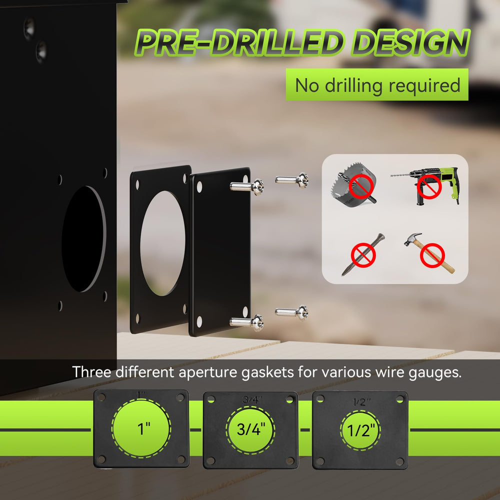 RVMATE TT-30R installation panel with pre-drilled holes eases wiring.