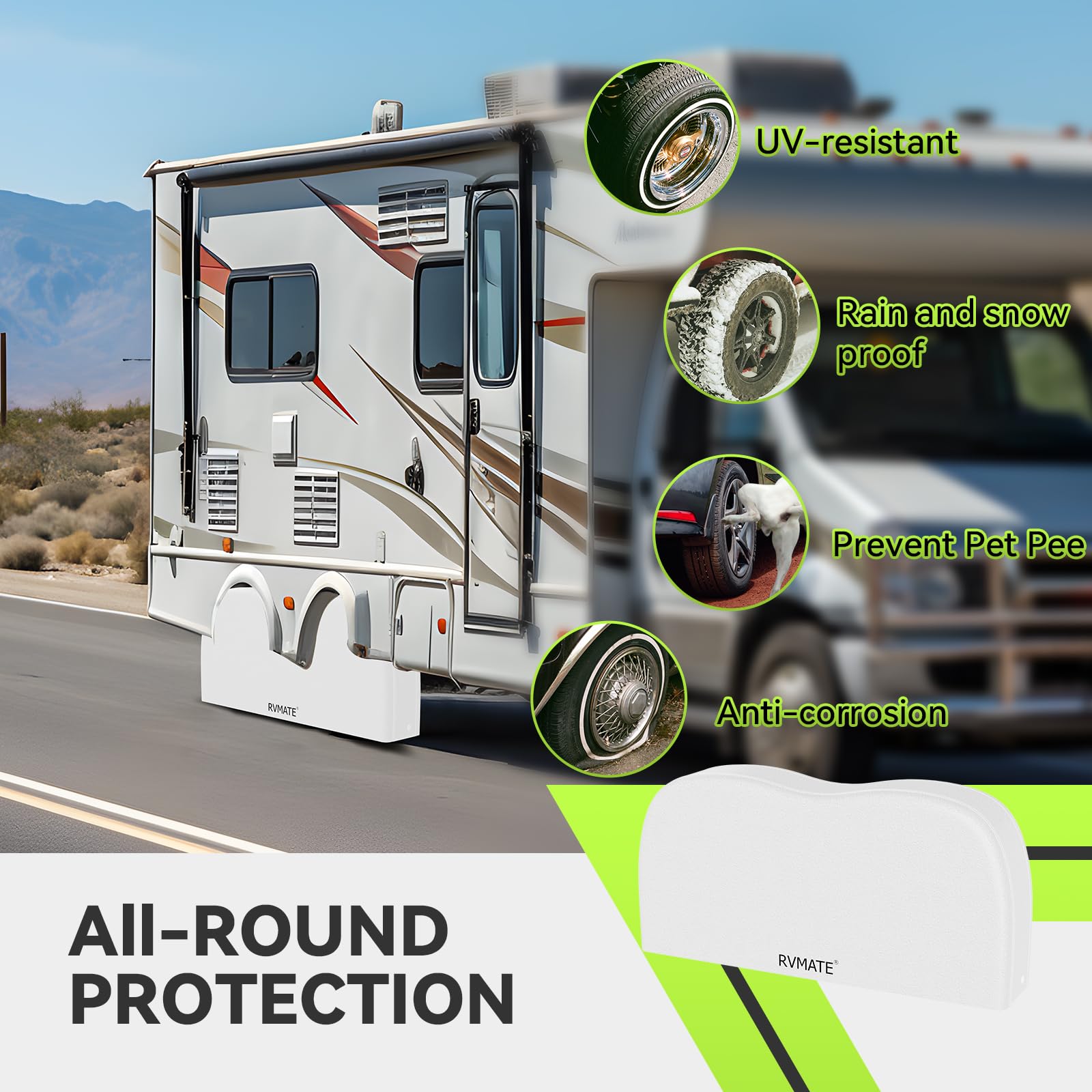 RVMATE waterproof tire cover closeup highlights durable UV-resistant surface for outdoor use