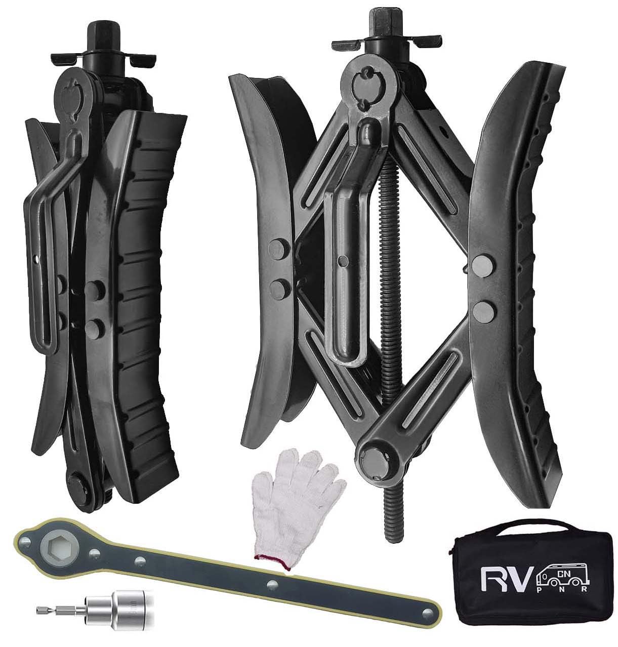 RVPNR camper wheel chock stabilizer assembly shown for quick tire stabilization