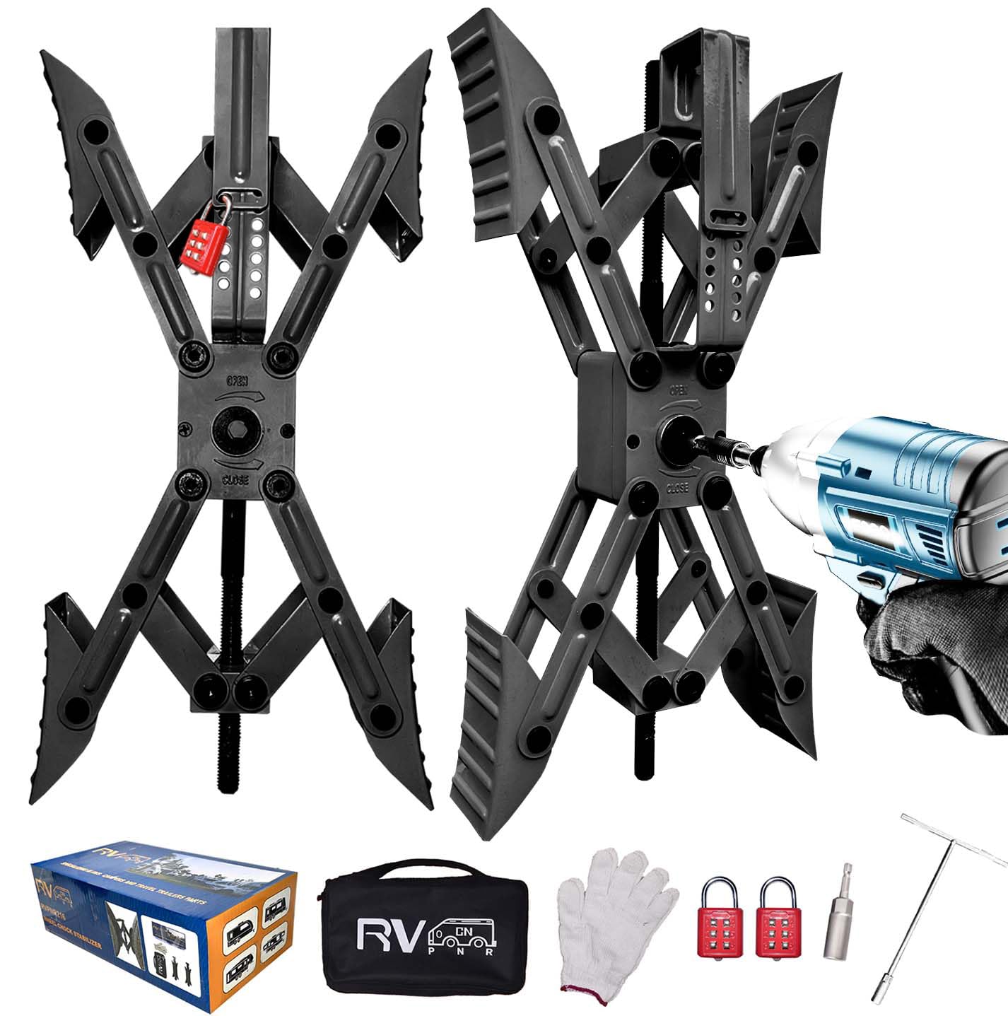 RVPNR Camper X-Shaped Wheel Chock Stabilizer securing tandem tires on a slope.