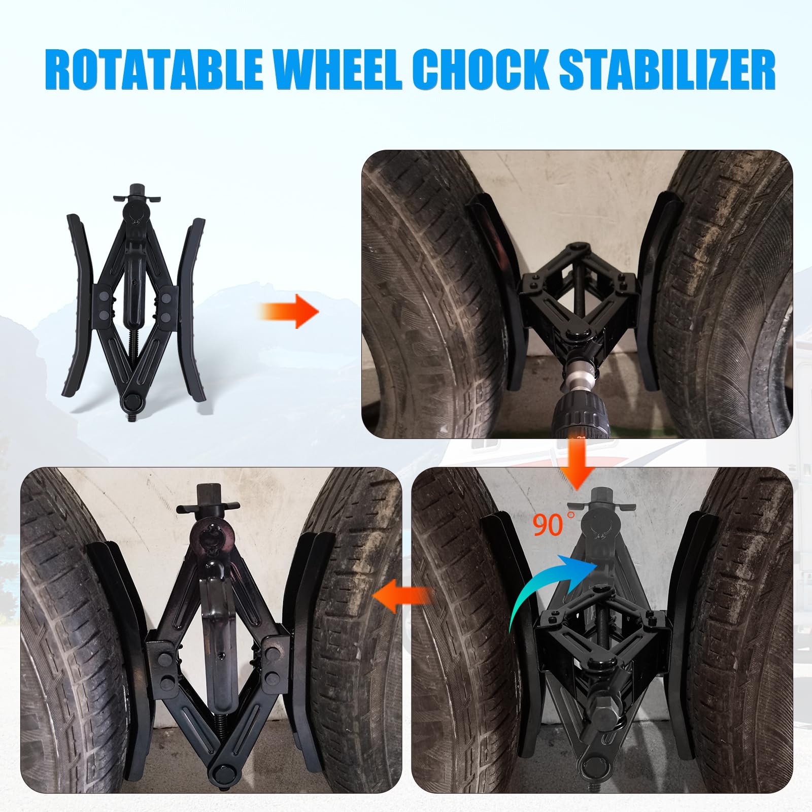 RVPNR drill-adjusted wheel chock stabilizers adjusting spacing between tandem tires